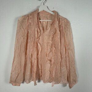 Rebecca Taylor Womens Pink Sheer Silk Metallic Ruffle Tie-Neck Top Size 0 NWOT